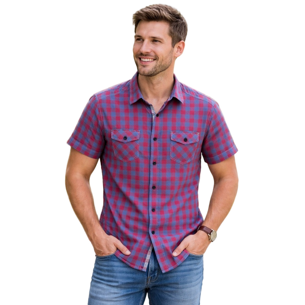 pd&c red and blue checkered button down collared short sleeve shirt